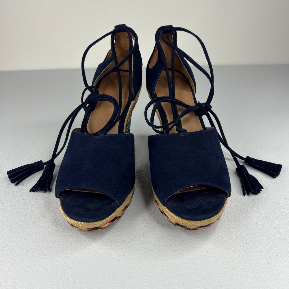 Cabi Isla Espadrille Wedge Sandal Navy Blue Suede Ankle Tie Up Tassels Western 6 - Picture 13 of 13